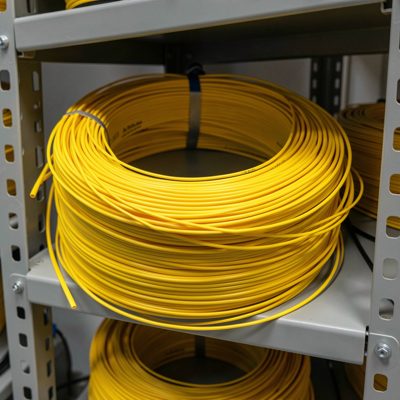 a bundle of yellow single mode fibre patch leads coiled on a rack shelf