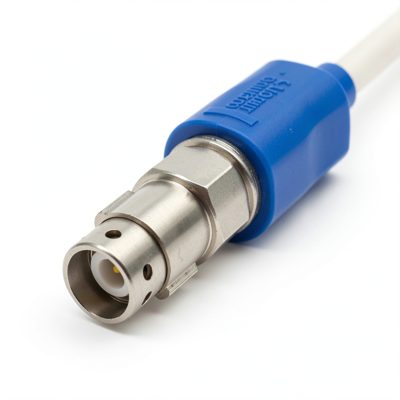 an sc fibre connector with its blue boot pulled back