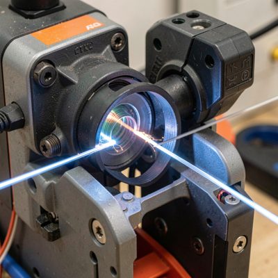 a fusion splicer with two fibre ends aligned under the lens