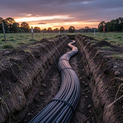 armoured outdoor fiber cable laid in open trench at dusk