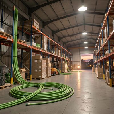 cat6a cables installed in industrial warehouse at evening hours