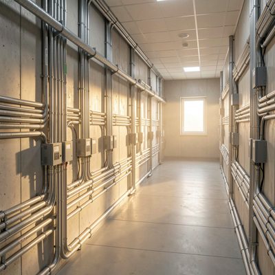 server room walls lined with conduit runs early morning light