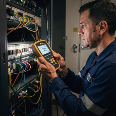 technician verifying signal quality using handheld meter dimly lit area