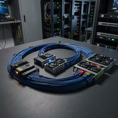 flat laid cables ready for bending into server rack modules night time