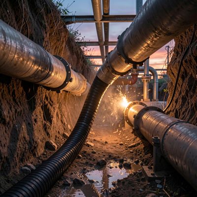armoured cable pulled through underground conduit during evening hours