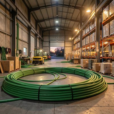 cat6a cables installed in industrial warehouse evening illumination