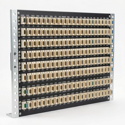 a rack mounted fibre patch panel with rows of lc adapters