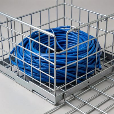 a wire basket cable tray filled with blue patch leads