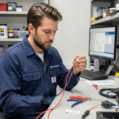 a technician labelling both ends of a patch lead