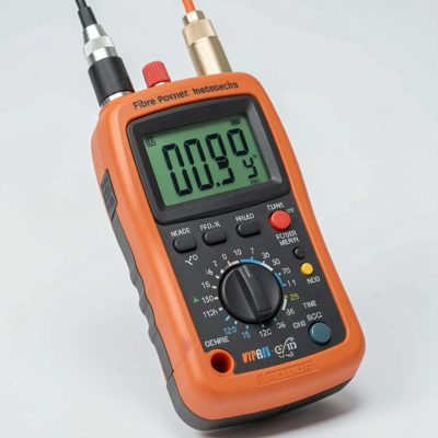 a handheld fibre power meter showing a reading