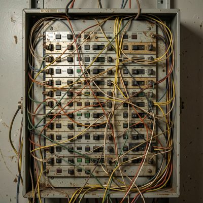 an old telephone punchdown frame covered in cross connects