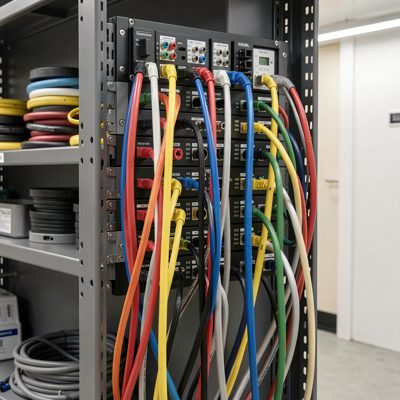 a rack with every cable dressed into the vertical manager