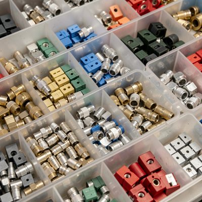 a parts bin of assorted fibre adapters and couplers