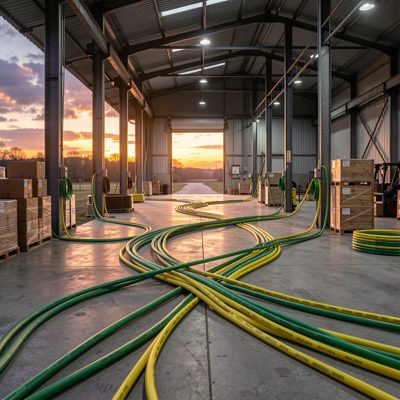 cat6 cables installed in an industrial warehouse at dusk
