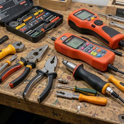 tools like strippers and testers visible on a workbench