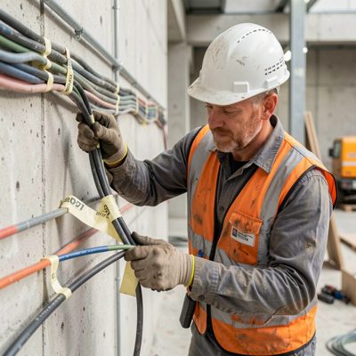 a construction worker labeling cable ends with tape