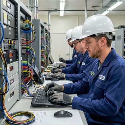 people working: technicians checking signal integrity