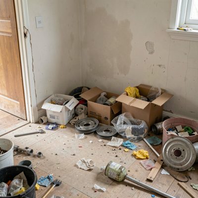 post-installation cleanup showing discarded spares and waste