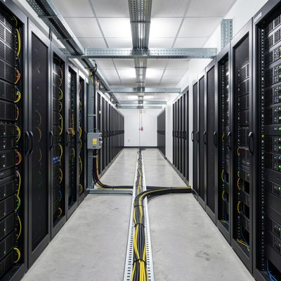 cable tray in hallway connecting server room modules