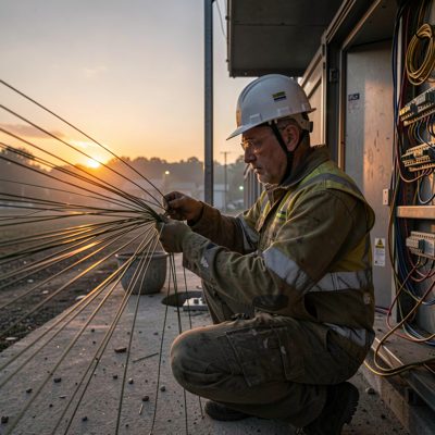 early morning technician installing fibre in dim light
