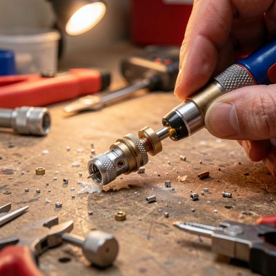 close-up of lc connector mating process under workbench lights