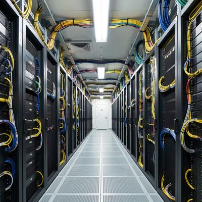 wide shot of fully operational data center cabling system