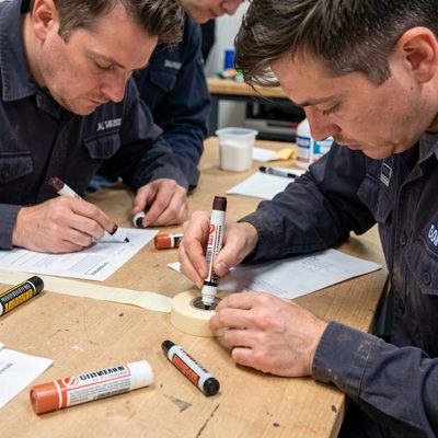 workers labeling ends with permanent marker and tape
