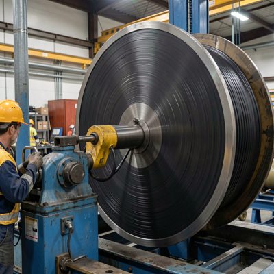 behind-the-scenes view of cable spool unwinding operation
