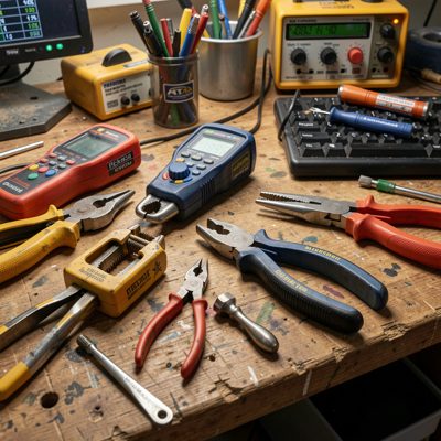 tools scattered around workstation: strippers, testers, pliers