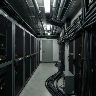 server room walls lined with conduit runs at night