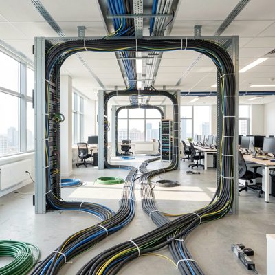 wide view of completed office cabling system daytime