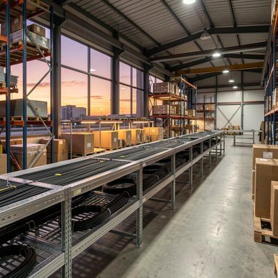 cable tray organized in industrial warehouse at dusk