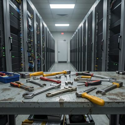 tools strewn on bench during setup phase in server room