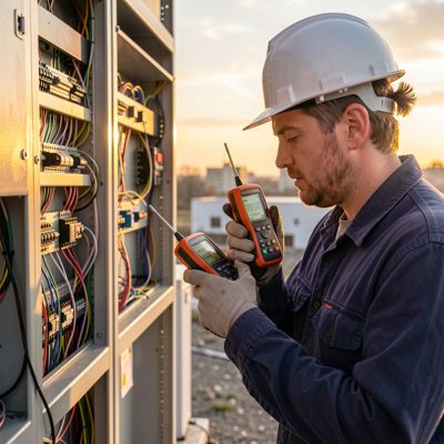 technician verifying signal quality with handheld meter early morning