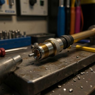 close up of fibre connector alignment in dimly lit work area