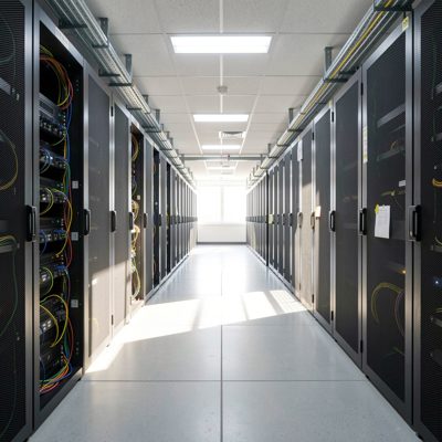 wide shot of fully patched data center corridor midday