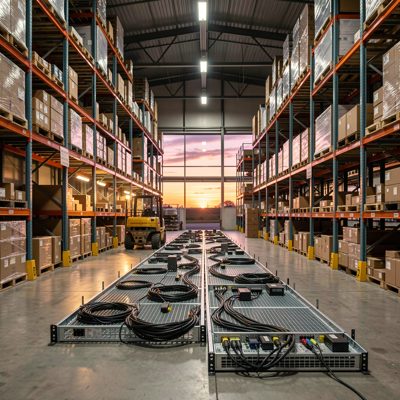 cable tray organized in industrial warehouse dusk view
