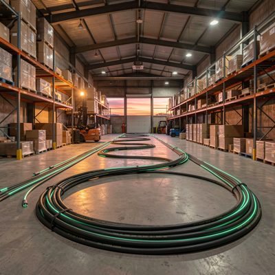 cat6a cables installed in industrial warehouse at dusk