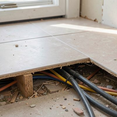 underfloor cabling exposed beneath lifted tile paneling