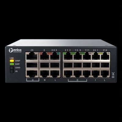 a 24 port gigabit switch photographed straight on against black