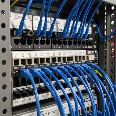 a 24 port switch racked with blue leads plugged into the front