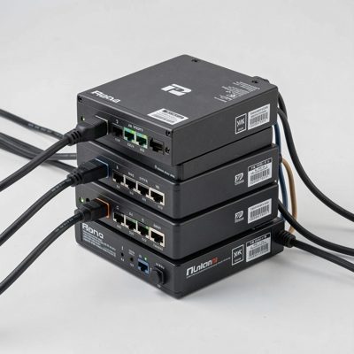 three switches stacked and linked with stacking cables