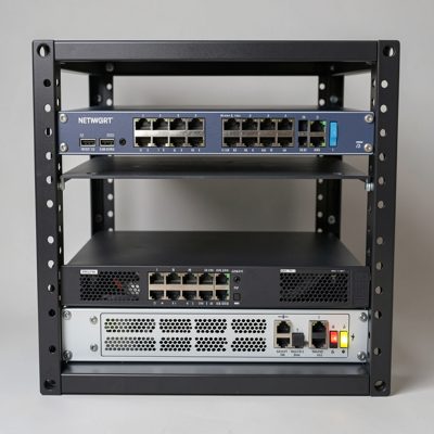 a small network rack with two switches and a patch panel