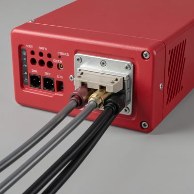 the rear of a switch with dual cords running to a red pdu