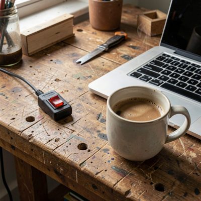 a workbench with a switch, a laptop and a mug of coffee