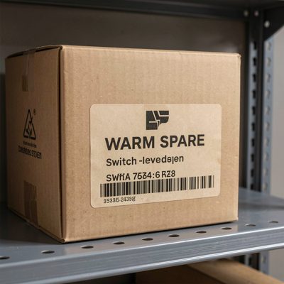 a warm spare switch labelled and boxed on a shelf