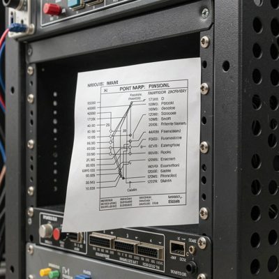 a printed port map clipped to the side of a rack