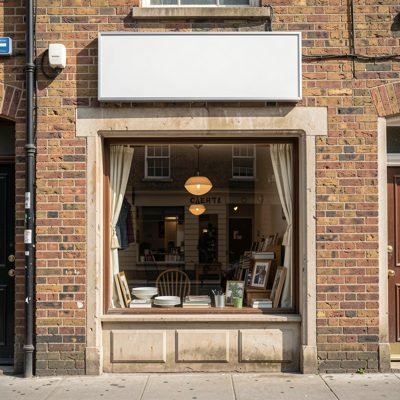 a small shopfront with an empty rectangular sign above the window, blank empty sign board, no text, no lettering, no logo