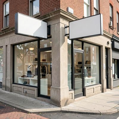 a corner retail unit with an empty projecting sign, blank empty sign board, no text, no lettering, no logo