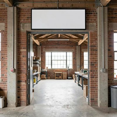 a converted warehouse entrance with an empty sign above, blank empty sign board, no text, no lettering, no logo